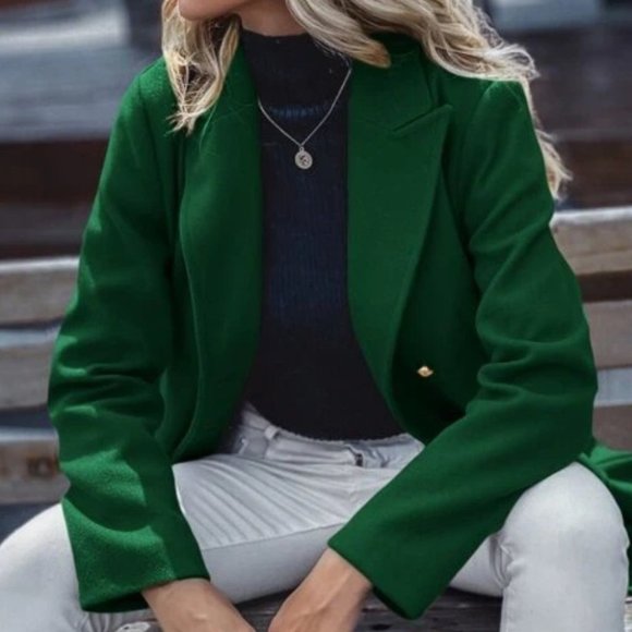 Double Breasted Lapel Collar Button Up pocketed Overcoat GREEN - Picture 5 of 8